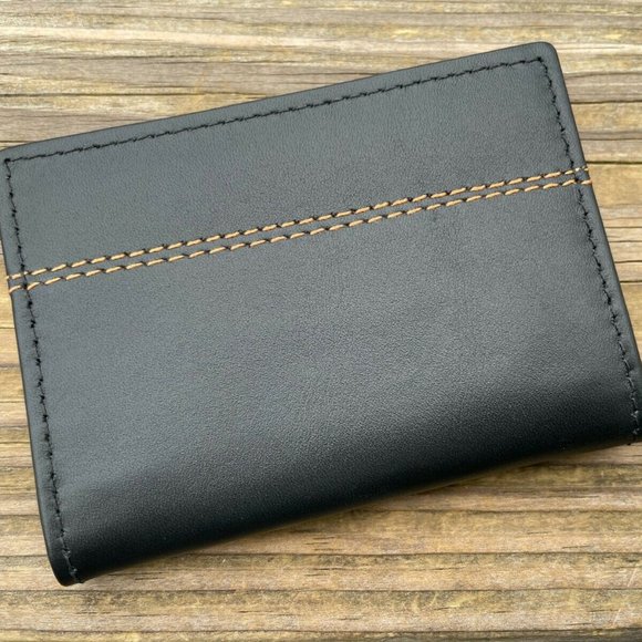 Handmade Card Holder Black/Orange Genuine Leather Wallet Bifold Mini Purse - Picture 1 of 11